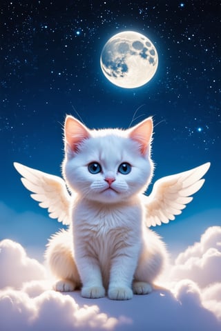 potrait of winged white kitten sitting on the clouds. a moon and stars in the night sky, ethereal cutie, fantasy, mystical sky