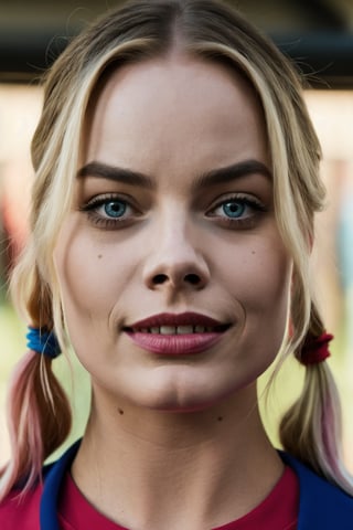 (Movie Still) from Suicide Squad , (extremely intricate:1.3), (realistic), portrait of a girl, the most beautiful in the world, Margot Robbie as Harley Quinn, colorful hair, pigtails, blue eyes, baseball bat, teeth, (detailed face, detailed eyes, clear skin, clear eyes), photorealistic, award winning, professional photograph of a stunning woman detailed, sharp focus, dramatic, award winning, cinematic lighting, volumetrics dtx
