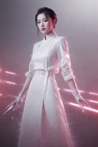 style of Yanjun Cheng, iridescent, In the neon-lit cyberpunk cityscape, a stunningly beautiful girl stands amidst the technological marvels, clad in elegant white attire that glows faintly with neon accents. As the city's advanced machinery hums around her, she exudes an air of confidence and mystery, embodying the seamless blend of human allure and cutting-edge technology in the futuristic world, watercolor, oil, ink, beizu style,xxmixgirl