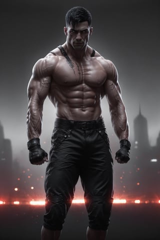 Muscular man body, shirtless, (slim body), (black hair), black gym shorts, fingerless gloves, clinching fist, (purple eyes), white hair, (red eyes), short textured french crop with taper fade, bangs, black hair, (glowing eyes), full-body_portrait, ((black and white)), ((B&W)), slim body, ((two panel comic without text))