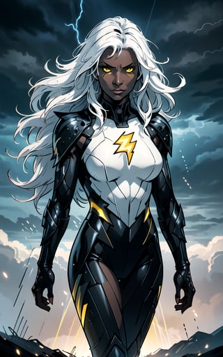 best quality, masterpiece, realistic, intricate, highly detailed, beautiful (african ebony woman:1.2), (black skin:1.4), white hair, yellow eyes, angry, BREAK, (simple white supersuit), flying, lightning auras, lightning all over body, BREAK, (wind blow, windy:1.3), (flowing hair, wild hair:1.3), BREAK, night, dark, (shining light foreground:1.2), atmospheric fog, blue and cloudy dark sky, (cloudy, thunder, yellow lightning, storm:1.2), dramatic scenery, (hyper detailed sky background), BREAK, epic artistic, light rays, ambient light, high key, action line, (splash art:1.2), (intricate detailed light particles:1.3), lens flare, BREAK, cowboy shot, (flying pose), face focus, centered, looking at viewer