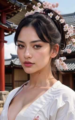 high quality, photorealistic, raw photo, photo portrait of beautiful woman, samurai, flower in hair, kimono, normal breasts, (white face), red eyes, black hair, perfect lips, sakura, dynamic pose, masterpiece, cowboy shot, highly detailed, highres, japanese mountain background