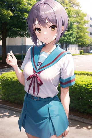 ny1, school uniform, blue sailor collar, serafuku, blue skirt, short sleeves, white shirt
cowboy shot, standing, smile, outdoor