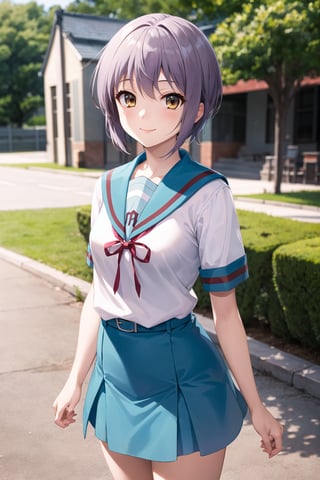 ny1, school uniform, blue sailor collar, serafuku, blue skirt, short sleeves, white shirt
cowboy shot, standing, smile, outdoor