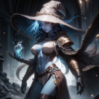 masterpiece,stunning,amazing, best quality,highly detailed,Girl,blue eyes, ranni,cracked skin, blue skin, 4 arms, massive hat, medieval armor, plate armor, chainmail, breastplate, fantasy armor,girl, medium breasts, steel armor, gold accents, revealing, exposed skin, medieval background, waist high portrait, detailed fingertips, intricately detailed, hyperdetailed, cinematic composition, sharp focus, studio lighting, skin impe,rfection, bioluminescence, subsurface scattering