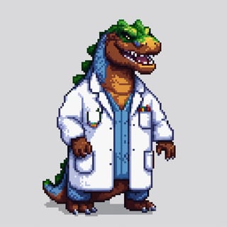 pixel art, close up, chubby, laughing, happy, professor, lab coat, pen in pocket, godzilla, dinosaur, backdrop, blocky, 64 bit pixel, studio lighting, white background, no_humans