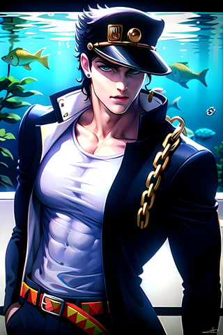 kujo jotaro, blue green eyes, big chain, BREAK perfect face, male focus, solo, upper body, long coat, muscular, male focus, shirt, belts, aquarium, fish in background, ethereal, amazing artwork, masterpiece, hi res, 