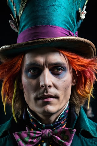 more detail XL,Movie Still,portrait young Johnny Depp mad hatter, (crazy:1.4), alice in wonderland, (deep detailed wonderland background:1.2), rim light, dark light, low light, cold colors, surreal art, portrait, creepy, horror, (vibrant colors:1.4), vivid colors, colored hair, wind hair, (huge hat:1.2)