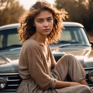 an award winning photo of an interesting woman sitting on the back of a car and standing on the front seat, The girl's face and face are both delicate and delicate and their hair is short and short and frizzy hair and braid light brown hair, The girl's skin is oily and oily and is covered with oily