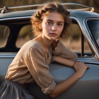 an award winning photo of an interesting woman sitting on the back of a car and standing on the front seat, The girl's face and face are both delicate and delicate and their hair is short and short and frizzy hair and braid light brown hair, The girl's skin is oily and oily and is covered with oily