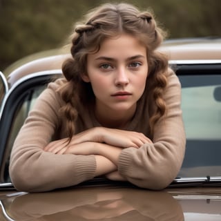 an award winning photo of an interesting woman sitting on the back of a car and standing on the front seat, The girl's face and face are both delicate and delicate and their hair is short and short and frizzy hair and braid light brown hair, The girl's skin is oily and oily and is covered with oily