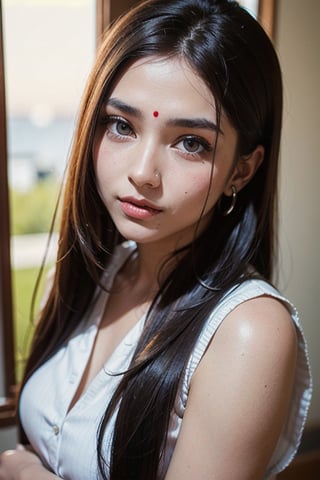 beautiful face indian woman, long black hair, hazel eyes healer, shaman, natural mystical, pov_eye_contact, instagram pose, peach