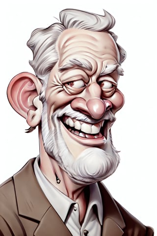 Caricature in the style of Tom Richmond of Mad Magazine | Closeup on the face of a weird old man excited to see us, he has a great big smile, a white mustache and a white beard.  3DMM_V11, 