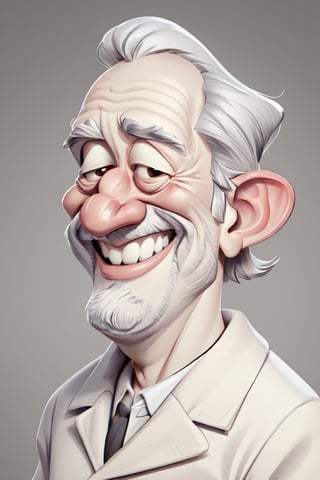 Caricature in the style of Tom Richmond of Mad Magazine | Closeup on the face of a weird old man excited to see us, he has a great big smile, a white mustache and a white beard.  3DMM_V11, 