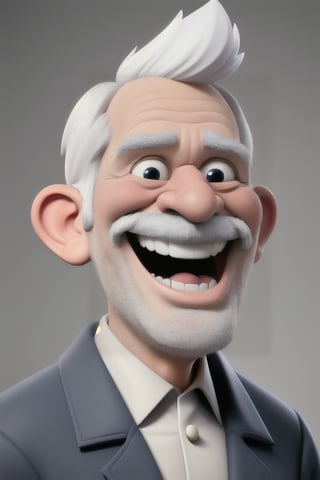 Caricature in the style of Tom Richmond of Mad Magazine | Closeup on the face of a weird old man excited to see us, he has a great big smile, a white mustache and a white beard.  3DMM_V11, 