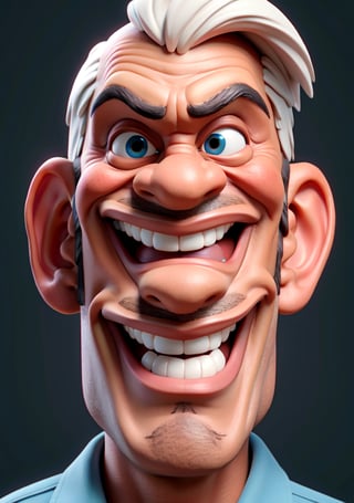 Caricature in the style of Tm Richmond of Mad Magazine | Closeup on the face of a weird old man excited to see us, he has a great big smile. One head only, 3DMM