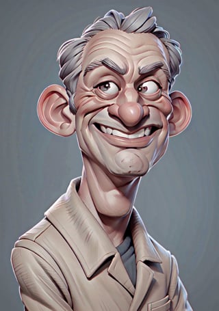 Caricature in the style of Tm Richmond of Mad Magazine | Closeup on the face of a weird old man excited to see us, he has a great big smile. 3DMM