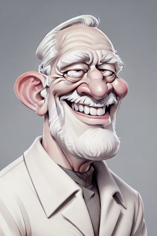 Caricature in the style of Tom Richmond of Mad Magazine | Closeup on the face of a weird old man excited to see us, he has a great big smile, a white mustache and a white beard.  3DMM_V11, 