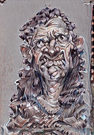 Caricature in the style of Tm Richmond of Mad Magazine | Closeup on the face of a weird old man excited to see us, he has a great big smile. One head only, 3DMM