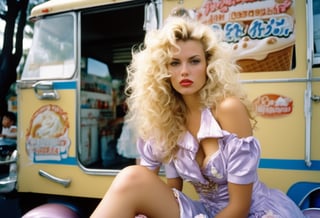  Dutch Angle. Closeup photo of a blonde woman, wavy permed hair, wearing mini dress, sitting astride, beside an ice cream truck. Style by Masamune Shirow. Canon 5d Mark 4, Kodak Ektar, 35mm 