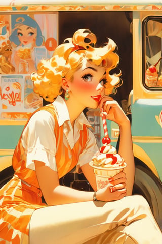 Woman, bored expression,sitting beside an icecream truck, art by J.C. Leyendecker . anime style, key visual, vibrant, studio anime