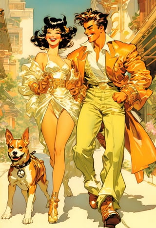 Couple walking dog, laughing, art by Masamune Shirow, art by J.C. Leyendecker, 