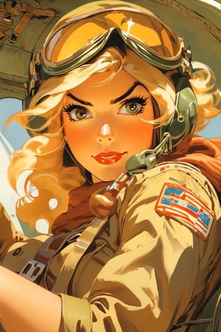 Anime Network, Female WW2 Pilot, bored expression, sitting inside fighter airplane, art by J.C. Leyendecker. Anime style, key visual, vibrant, studio anime