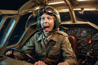 Photo, Female pilot, screaming, inside cockpit, ww2, canon 5d mark 4, neon light, kodak ektar, art by J.C. Leyendecker