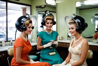 Photograph capturing two women in a 1960s hair salon, chatting away as they sport vintage hair dryers over their heads. The hair dryers, large and round with a distinct retro design with a platic face mask and enclose their heads. The women wear elegant dresses and pearl necklaces, reflecting the style and class of the era. The salon's interior features vintage furniture and decor, with a touch of glamour and sophistication.