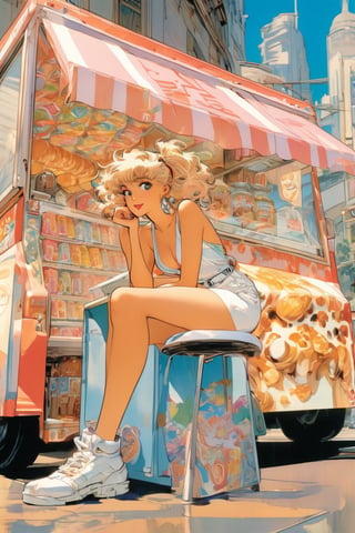 Woman, bored expression,sitting beside an icecream truck, art by Masamune Shirow, art by J.C. Leyendecker . anime style, key visual, vibrant, studio anime