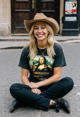 Candid Street photo. Shot from the ground up of a happy blonde woman, cowboy hat, natural relaxed pose, sitting on the pavement, wearing a T-Shirt with Mona Lisa. Style by J.C. Leyendecker. Canon 5d Mark 4, Kodak Ektar, 35mm
BREAK
Candid street photography. Shot from the ground a cheerful blonde woman, cowboy hat, sitting casually on the pavement in a relaxed pose, wearing a T-shirt featuring the Mona Lisa.
BREAK
Casual street scene. A happy blonde woman captured from ground, cowboy hat, sitting naturally on the pavement in a T-shirt adorned with the Mona Lisa, exuding a relaxed vibe.
BREAK
Street candid shot. A blonde woman in cowboy hat Shot from the ground, sitting comfortably on the pavement, radiating happiness in a Mona Lisa T-shirt.
BREAK
Candid street photo. shot from below A cheerful blonde woman, cowboy hat, sitting on the pavement in a natural, relaxed manner, wearing a T-shirt with the Mona Lisa on it.
BREAK
Urban candid photo. Below angle of a happy blonde woman, cowboy hat, sitting relaxed on the pavement, sporting a T-shirt with a Mona Lisa print.