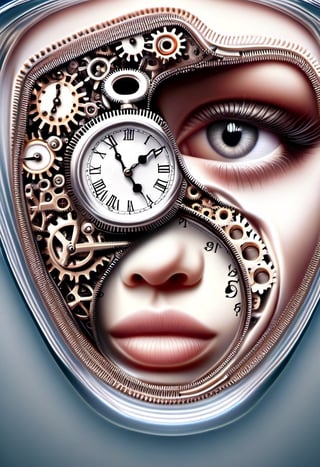 A woman's face is open zipper, clocks and intricate gears inside the face. Surrealist art hyper realistic photograph,  photo background,  cup,  realistic,  watercraft,  close-up,  holding,  water,  1girl . Dreamlike,  mysterious,  provocative,  symbolic,  intricate,  detailed,