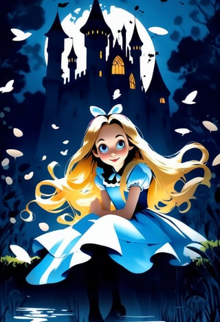 Alice in Wonderland, 1 woman, blonde straight hair serious stocking sit while floating in the air shadow dark pokers castle Detailed Gothic Dreamlike Fantasy manga line art flat gradient by Suiishida