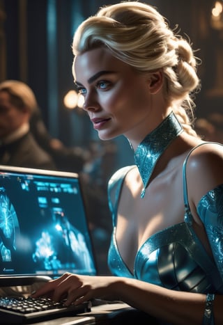 Photo of Margot Robbie, as Elsa from Frozen movie, hacking on a computer, cyberpunk 2077. art by J.C. Leyendecker, Canon 5d Mark 4, Kodak Ektar