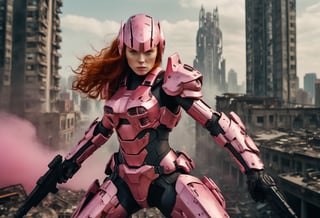 Overhead shot. A cinematic film still of a redhead in a pink-powered armor suit, shooting at giant black mecha. 
BREAK
The heroine's armor is adorned with intricate designs and a retractable shroud, revealing her determination and strength. The background is a dystopian cityscape, with buildings crumbling and people caught in the crossfire. Style by J.C. Leyendecker. Canon 5d Mark 4, Kodak Ektar, 35mm 