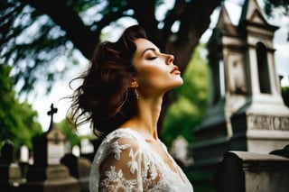 Photo.  Profile of a woman in a lace summer dress, She is looking upward with her eyes closed beside a tree.  Background is a cemetery. Style by J.C. Leyendecker. Canon 5d Mark 4, Kodak Ektar, 35mm