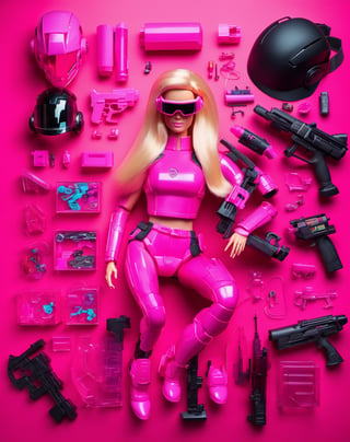 Toy box of Barbie doll, blonde hair, plastic body, cyberpunk, VR helmet and pink cyberpunk armor, laser gun , flat lay photography, object arrangement, knolling photography, 