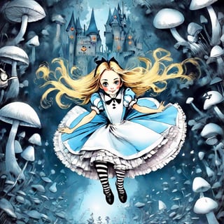 Alice in Wonderland, 1  woman ,  blondestraight hairserious stockingsit while floating in the airshadowdarkpokerscastle Detailed  Gothic Dreamlike Fantasymanga  line art flat  gradient by sui ishida