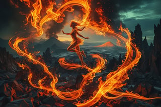 Close-up Photo of a ((fire fairy)) gliding over a volcano lava pit, night scene. ral-exposure, in the style of double exposure, neon art nouveau, long exposure, wimmelbilder, layered lines, neonpunk, chiaroscuro, best quality, masterpiece, highres, absurdres, incredibly absurdres, huge filesize, wallpaper, colorful,8K,RAW, Style by J.C. Leyendecker. Canon 5d Mark 4, Kodak Ektar, 35mm,Long_Exposure 