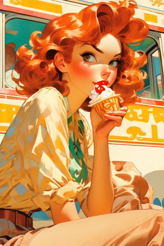 Redhead, woman, bored expression,sitting beside an icecream truck, art by J.C. Leyendecker . anime style, key visual, vibrant, studio anime