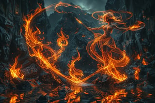 Close up photo of a ((fire fairy)) gliding over molten lava, reflections in the water, background volcanos, night scene. in the style of double exposure, Art Nouveau, long exposure, layered lines, chiaroscuro, absurdres, Long_Exposure ral-exposure, 