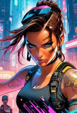 Anime artwork, Lara Croft,  wearing VR helmet,  hacking on a computer. cyberpunk 2077 cityscape, art by J.C. Leyendecker, anime style, key visual, vibrant, studio anime, highly detailed