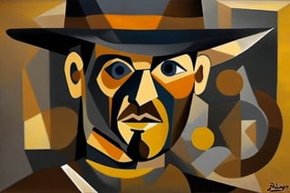 p1c4ss0, a (((cubism oil painting of Indiana Jones made out of round and square shapes)))