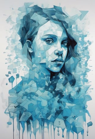 Girl by Va Gogh, cyan and blue, inkblots, made of crystals, juxtapositions extraordinaire, geometric animal figures, ink and wash, redshift,v0ng44g,p14nt1ng