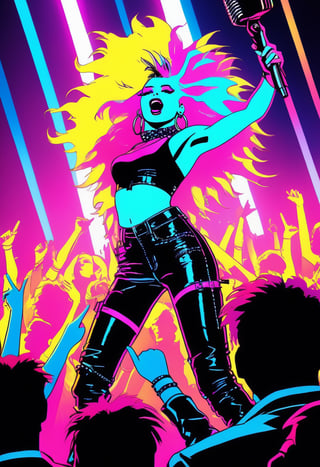 high quality photograph from below, taken from the crowd, focus on full body shot of Jem and the Holograms, performing on stage, Spotlights and bright colorful music show lights, silhouetted crowd of people around the photographer, Jem singing on a mic, and her band mates in the background playing their instruments, 80s/90s aesthethic, cyberpunk style, cyberwear, extreme upward angle, sfw