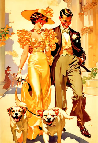 Couple walking dog, laughing, art by J.C. Leyendecker