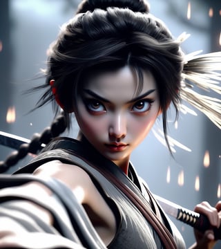 Chinese ancient style, black and gray tones, hazy feeling, sword fairy, movie shot, photo realism, shot from a low angle, a young heroine, very handsome, big eyes, focused on eyes, close-up, high cold, crazy details, movie lighting, ultra high definition, cg rendering, volume lighting, unreal engine