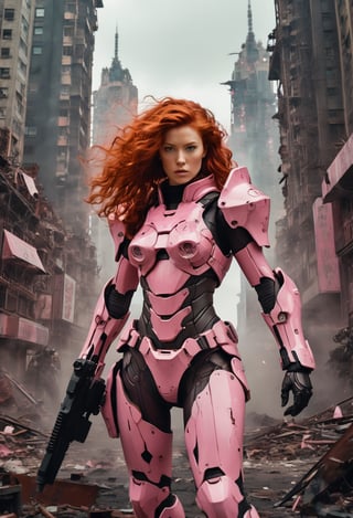 Overhead shot. A cinematic film still of a woman, wavy perm red hair, in a pink-powered armor suit, shooting at giant black mecha. 
BREAK
The heroine's armor is adorned with intricate designs and a retractable shroud, revealing her determination and strength. The background is a dystopian cityscape, with buildings crumbling and people caught in the crossfire. Style by J.C. Leyendecker. Canon 5d Mark 4, Kodak Ektar, 35mm 