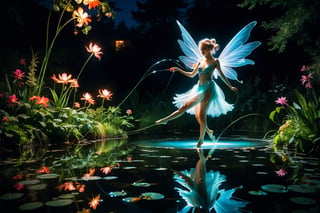 Photo of a water fairy gliding over a pond, reflections in the water, night scene. ral-exposure, in the style of double exposure, neon art nouveau, long exposure, wimmelbilder, layered lines, neonpunk, chiaroscuro, best quality, masterpiece, highres, absurdres, incredibly absurdres, huge filesize, wallpaper, colorful,8K,RAW, Style by J.C. Leyendecker. Canon 5d Mark 4, Kodak Ektar, 35mm,Long_Exposure 