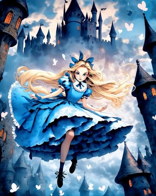 Alice in Wonderland, 1 woman, blonde straight hair serious stocking sit while floating in the air shadow dark pokers castle Detailed Gothic Dreamlike Fantasy manga line art flat gradient by Suiishida